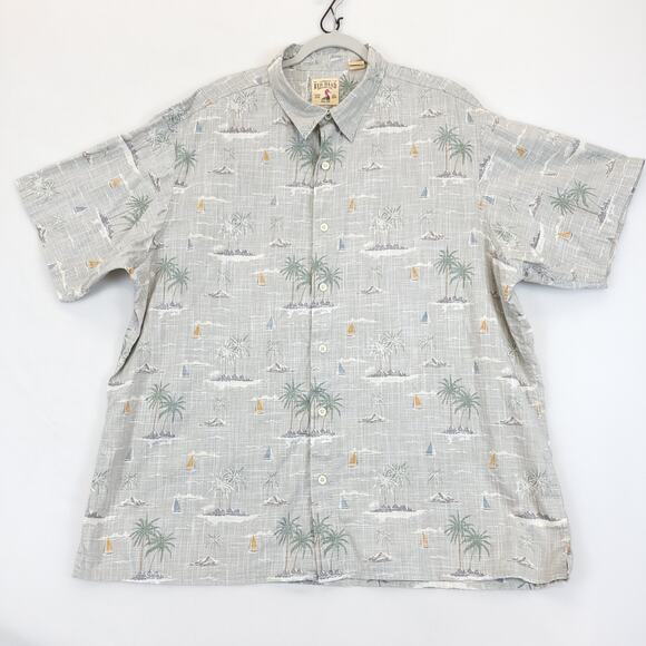 Redhead Button Down Shirt Tropical Sailboat Men 2XL Gray Cotton Short Sleeve - Picture 1 of 11